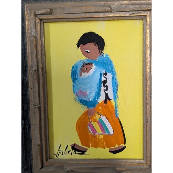 Signed "Chabela" Oil Painting on Board Woman Child Colorful Bag Ornate Frame - Picture 7 of 11